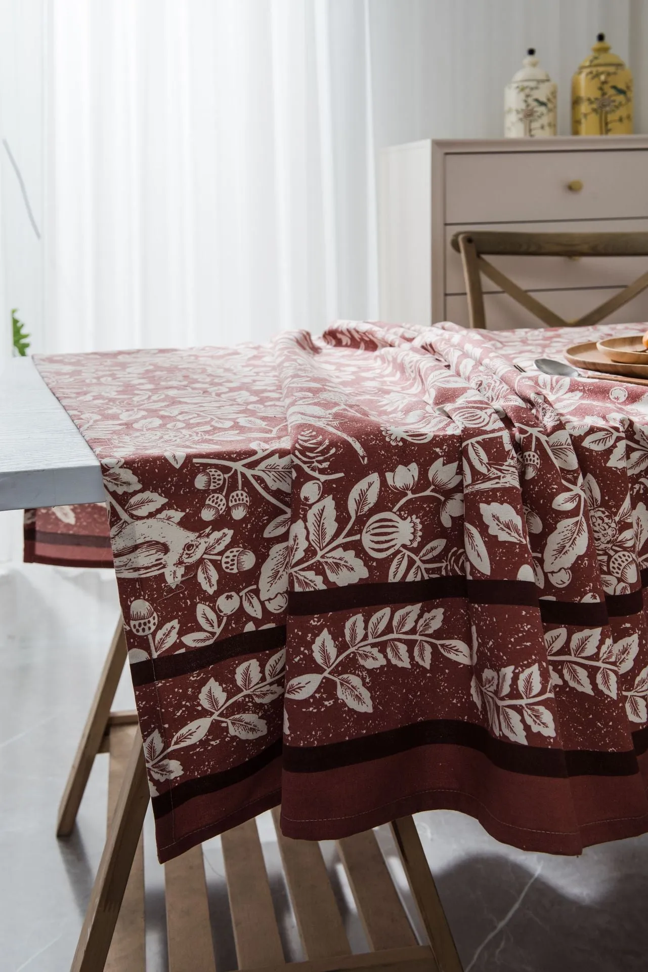 Tablecloth Plant Flower Bird Imitation Cotton Linen Fabric Orange Printed for Rectangular Dining Table