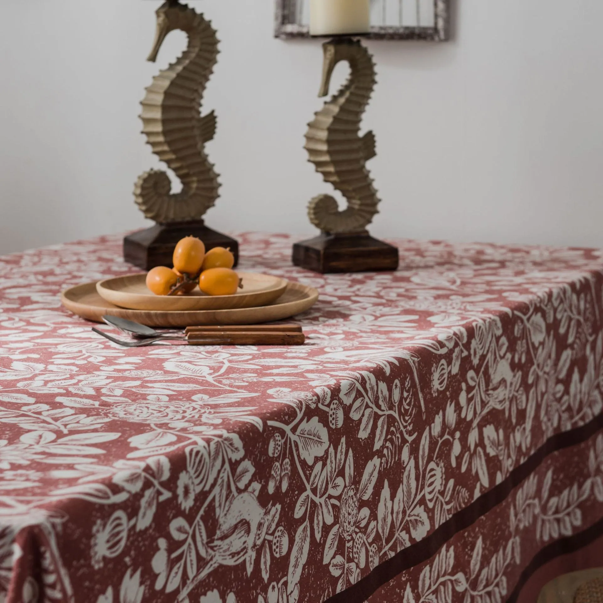 Tablecloth Plant Flower Bird Imitation Cotton Linen Fabric Orange Printed for Rectangular Dining Table
