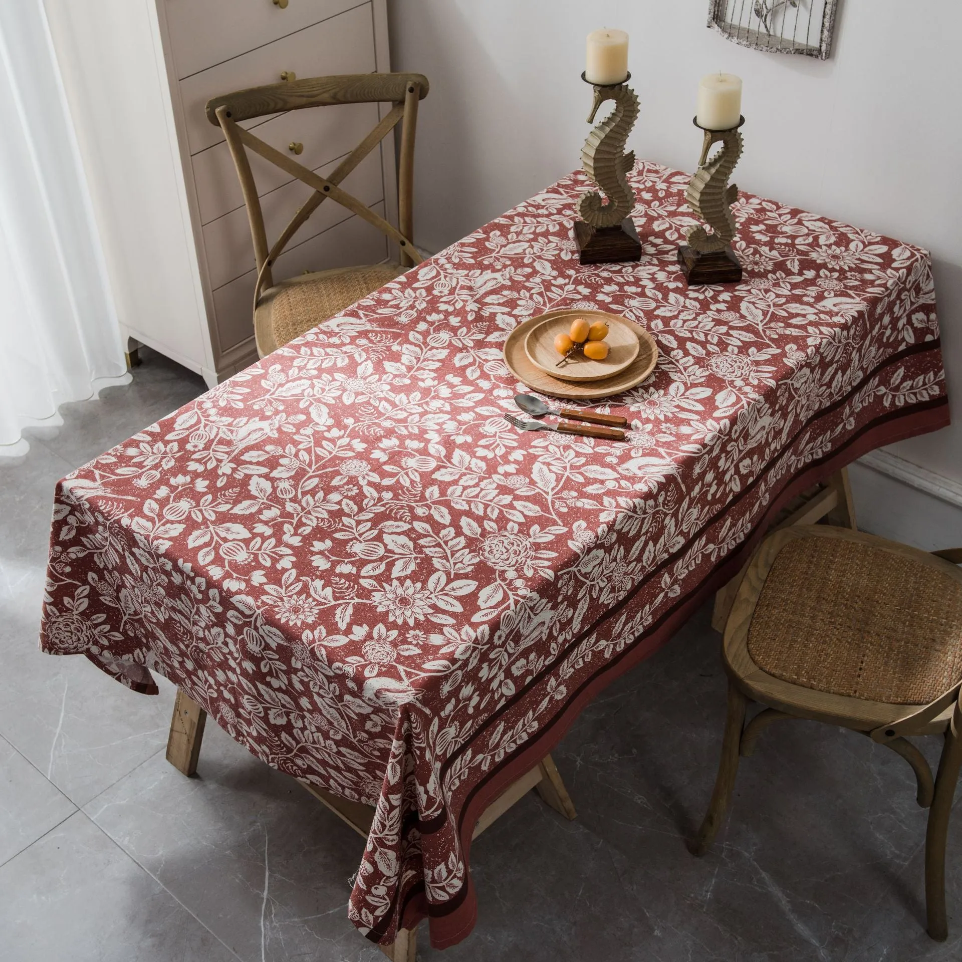 Tablecloth Plant Flower Bird Imitation Cotton Linen Fabric Orange Printed for Rectangular Dining Table