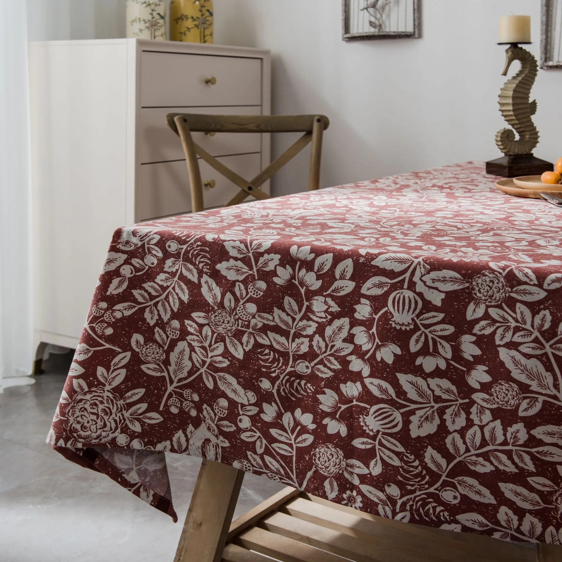 Tablecloth Plant Flower Bird Imitation Cotton Linen Fabric Orange Printed for Rectangular Dining Table