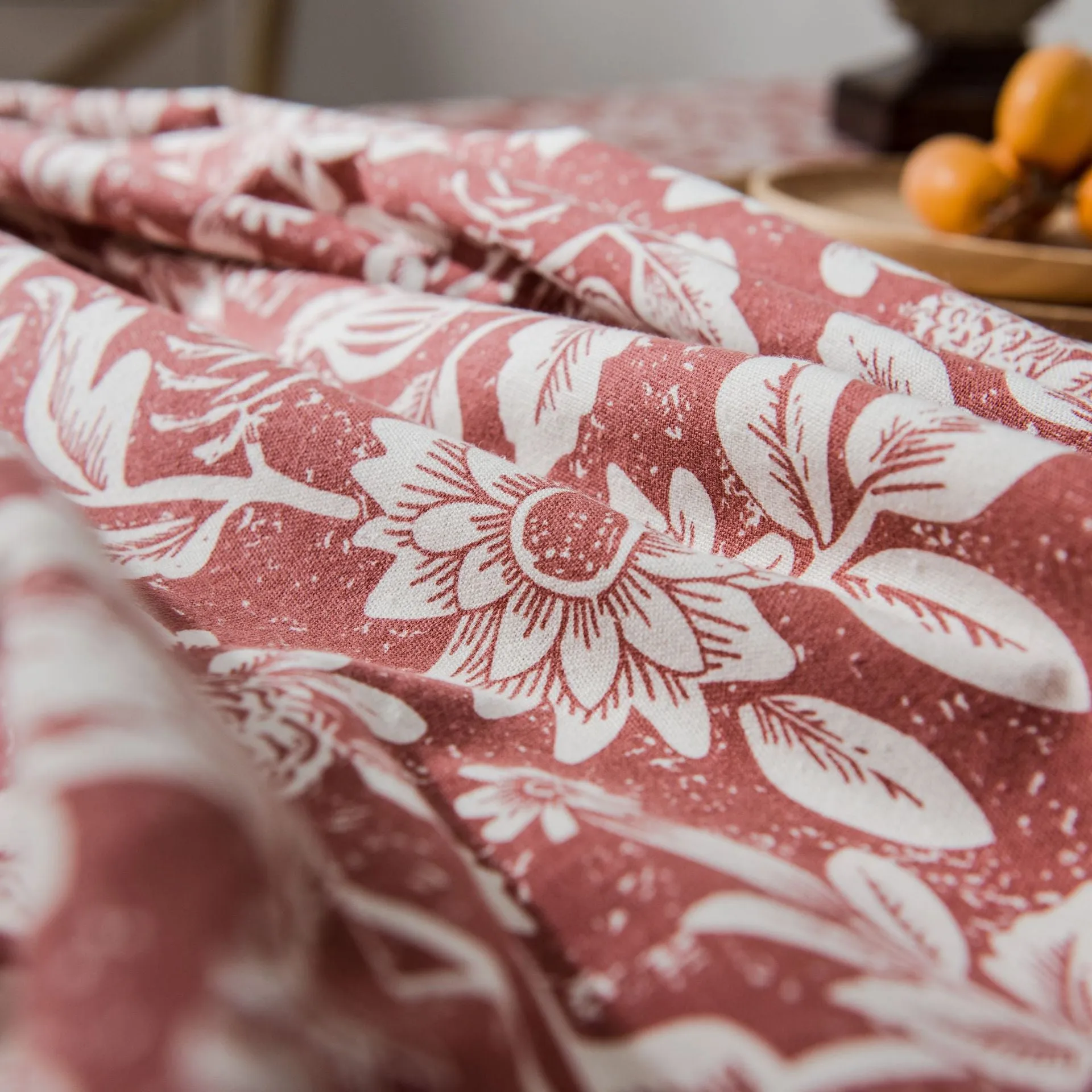 Tablecloth Plant Flower Bird Imitation Cotton Linen Fabric Orange Printed for Rectangular Dining Table