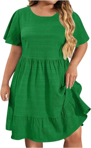 TANGNADE Summer Dresses for Women Plus Size Short Sleeve Crewneck T Shirt Dress Dressy Casual Ruffle Flowy Beach Sundresses