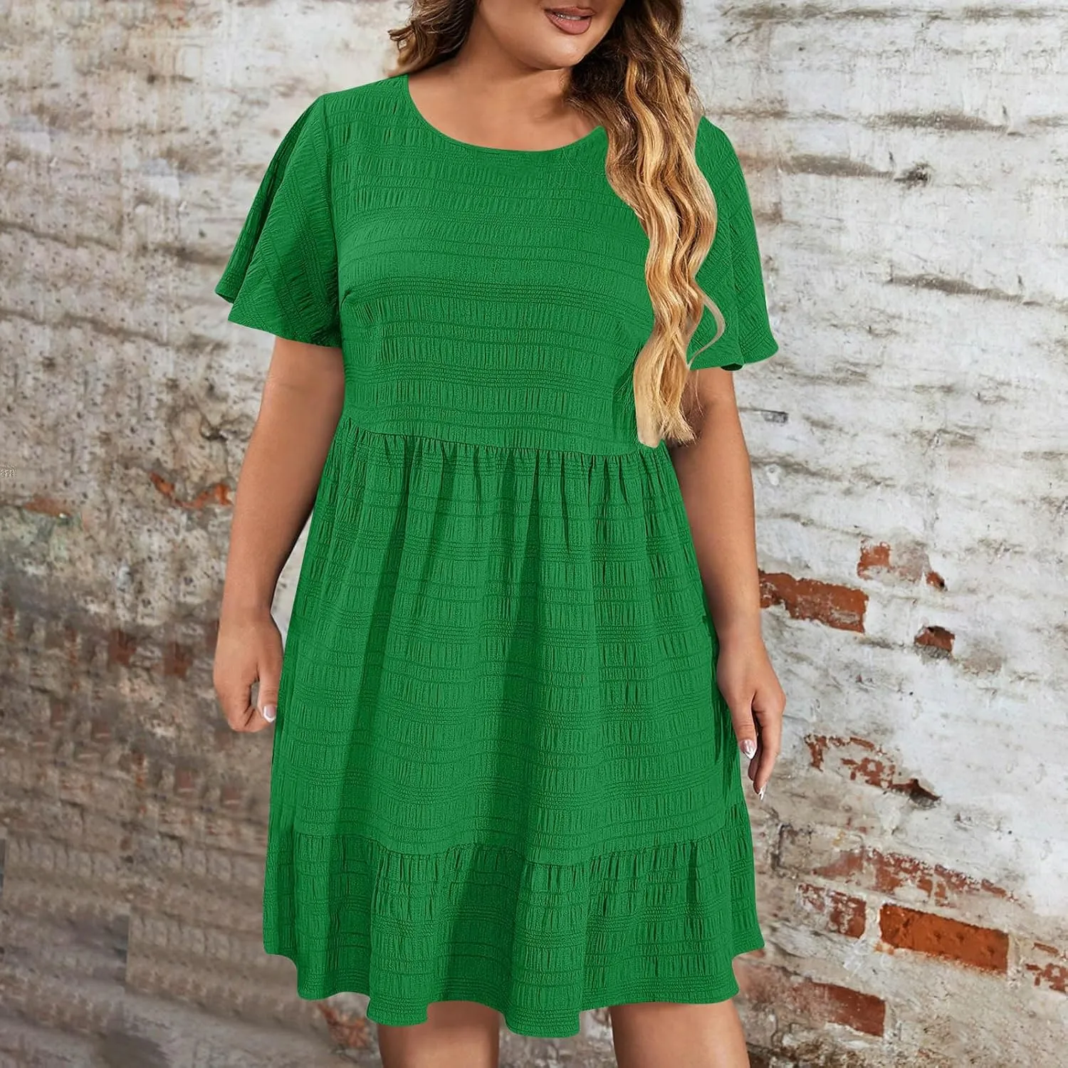 TANGNADE Summer Dresses for Women Plus Size Short Sleeve Crewneck T Shirt Dress Dressy Casual Ruffle Flowy Beach Sundresses