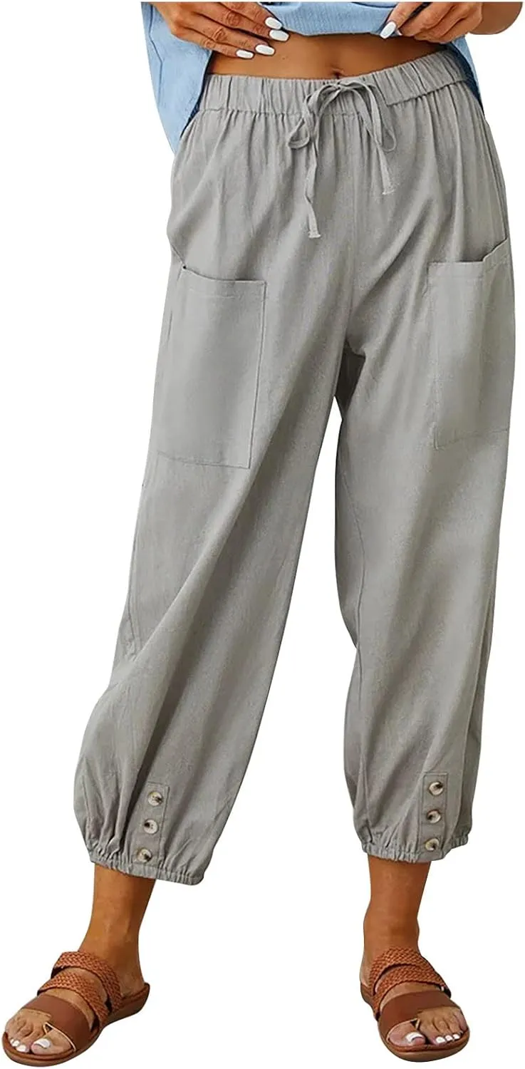 TANGNADE Womens Summer Pants Lightweight Fashion Casual Linen Drawstring Pants Vacation Outfits for Women Boho Clothes