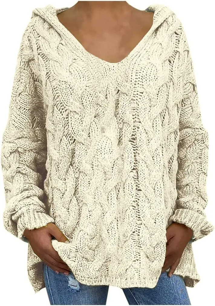 TANGNADE Womens Winter Sweaters Plus Size Hoodies Sweater Knit V Neck Tops Oversized Fashion Casual Long Sleeve Pullover