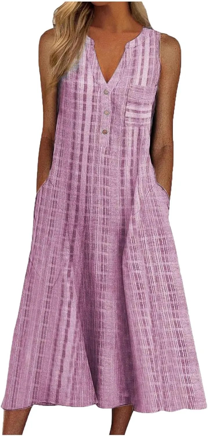 TARIENDY Womens Casual Sundress Trendy 2025 Summer Dress Sleeveless Beach Outfits V Neck Button Down Dress with Pockets