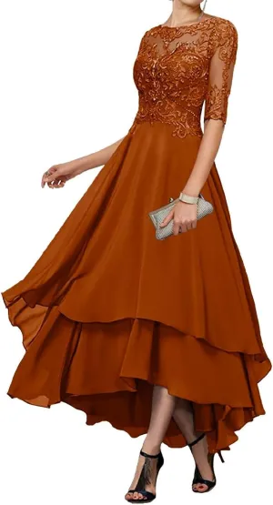 Tea Length Mother of The Bride Dresses - Lace Appliques Chiffon Half Sleeve Formal Evening Gown