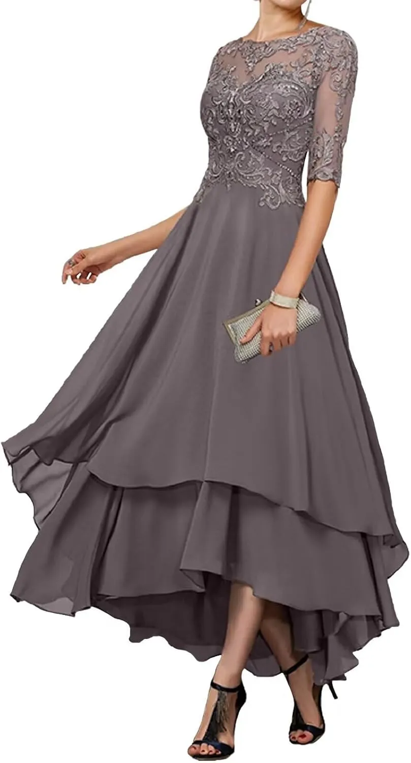 Tea Length Mother of The Bride Dresses - Lace Appliques Chiffon Half Sleeve Formal Evening Gown