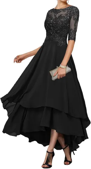 Tea Length Mother of The Bride Dresses - Lace Appliques Chiffon Half Sleeve Formal Evening Gown