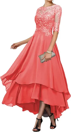 Tea Length Mother of The Bride Dresses - Lace Appliques Chiffon Half Sleeve Formal Evening Gown