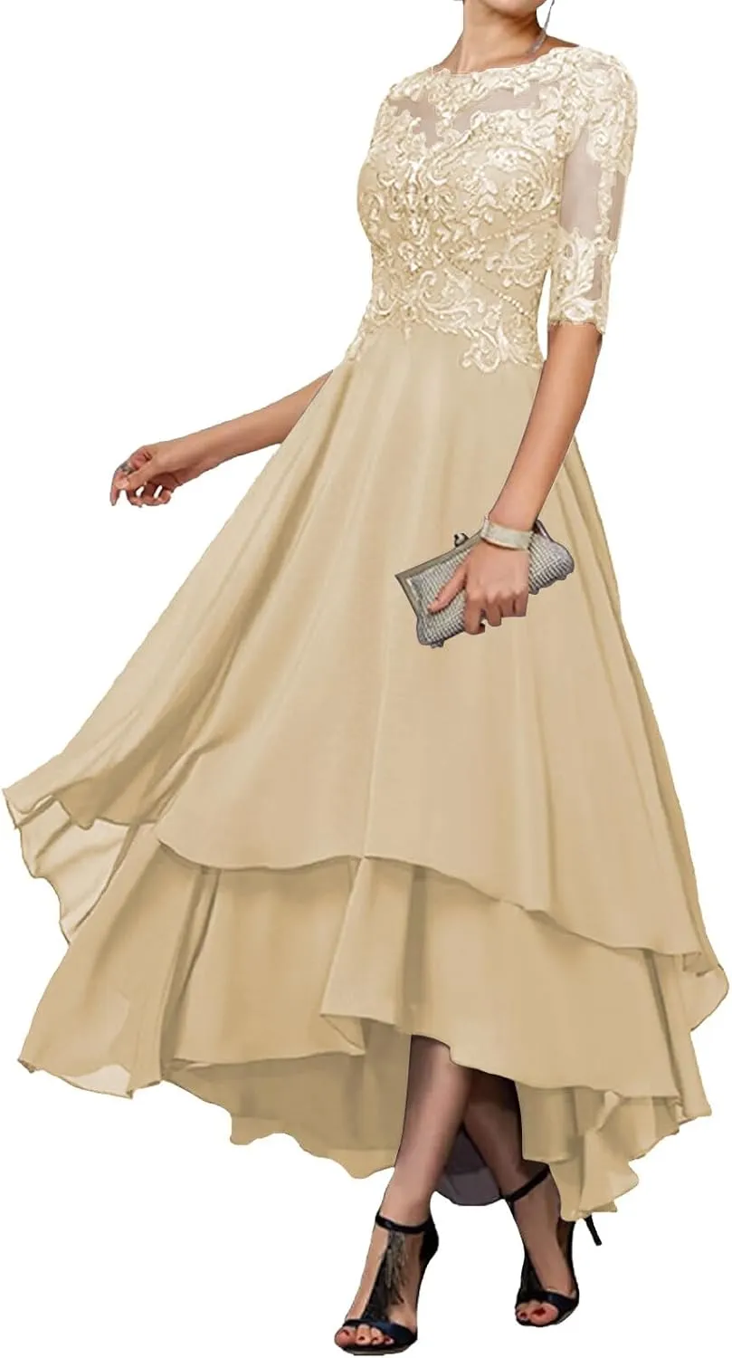 Tea Length Mother of The Bride Dresses - Lace Appliques Chiffon Half Sleeve Formal Evening Gown
