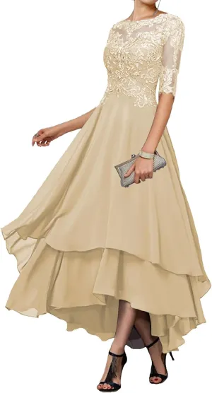Tea Length Mother of The Bride Dresses - Lace Appliques Chiffon Half Sleeve Formal Evening Gown