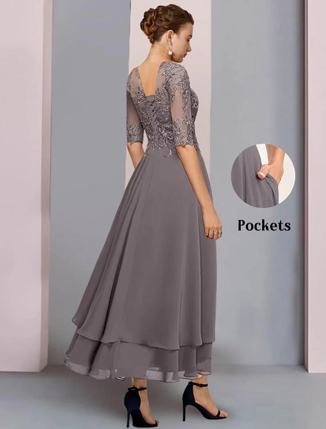Tea Length Mother of The Bride Dresses - Lace Appliques Chiffon Half Sleeve Formal Evening Gown