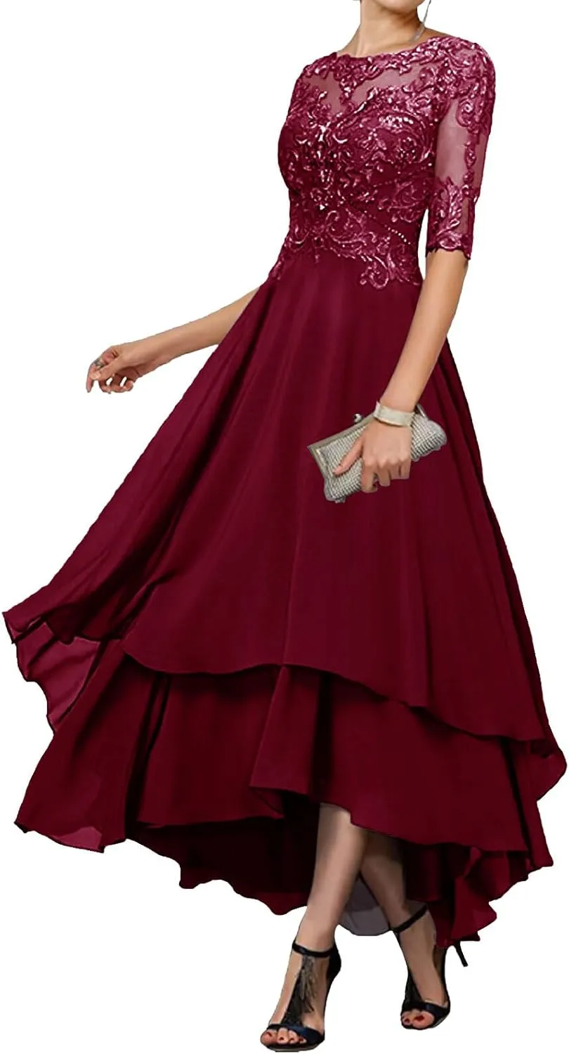 Tea Length Mother of The Bride Dresses - Lace Appliques Chiffon Half Sleeve Formal Evening Gown
