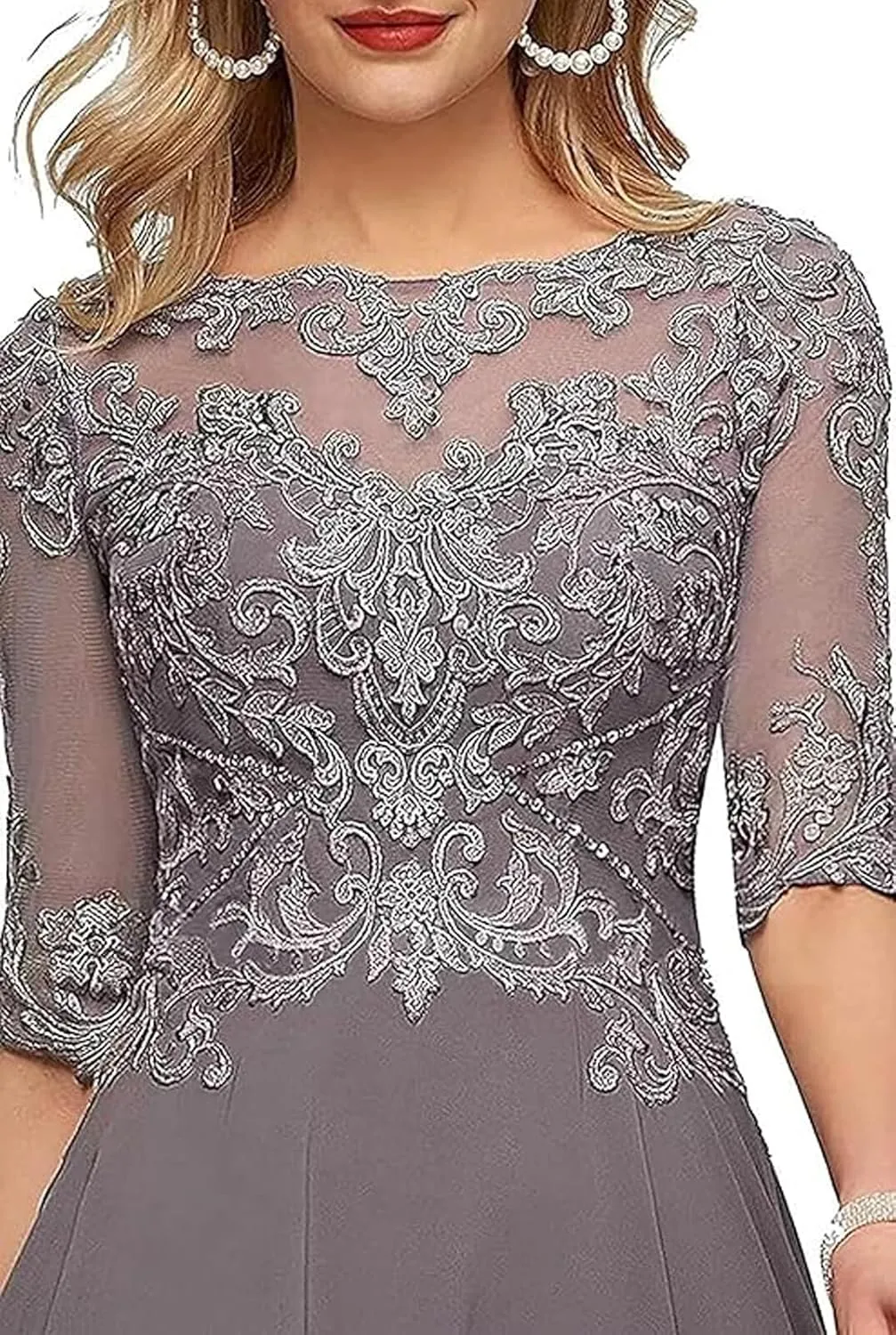 Tea Length Mother of The Bride Dresses - Lace Appliques Chiffon Half Sleeve Formal Evening Gown