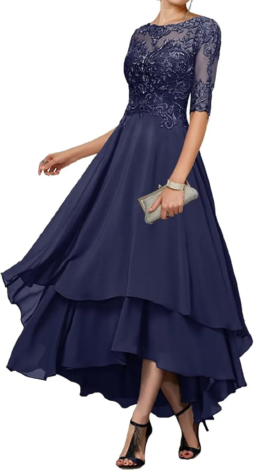Tea Length Mother of The Bride Dresses - Lace Appliques Chiffon Half Sleeve Formal Evening Gown