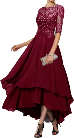 Tea Length Mother of The Bride Dresses - Lace Appliques Chiffon Half Sleeve Formal Evening Gown