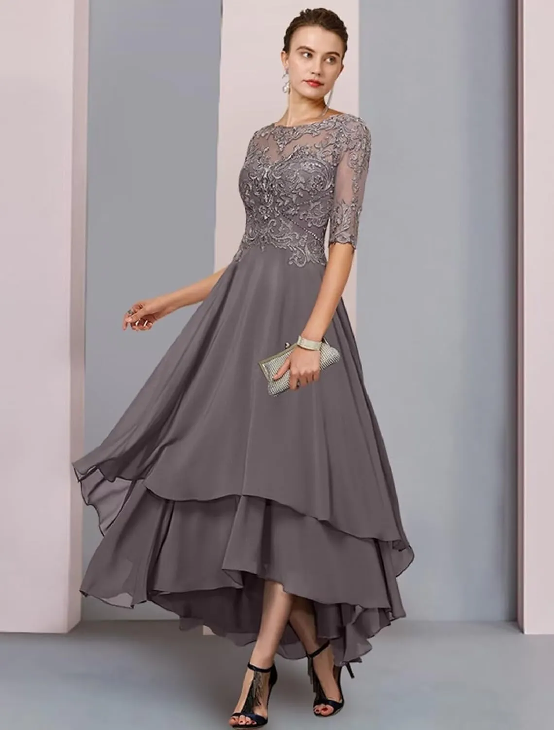 Tea Length Mother of The Bride Dresses - Lace Appliques Chiffon Half Sleeve Formal Evening Gown