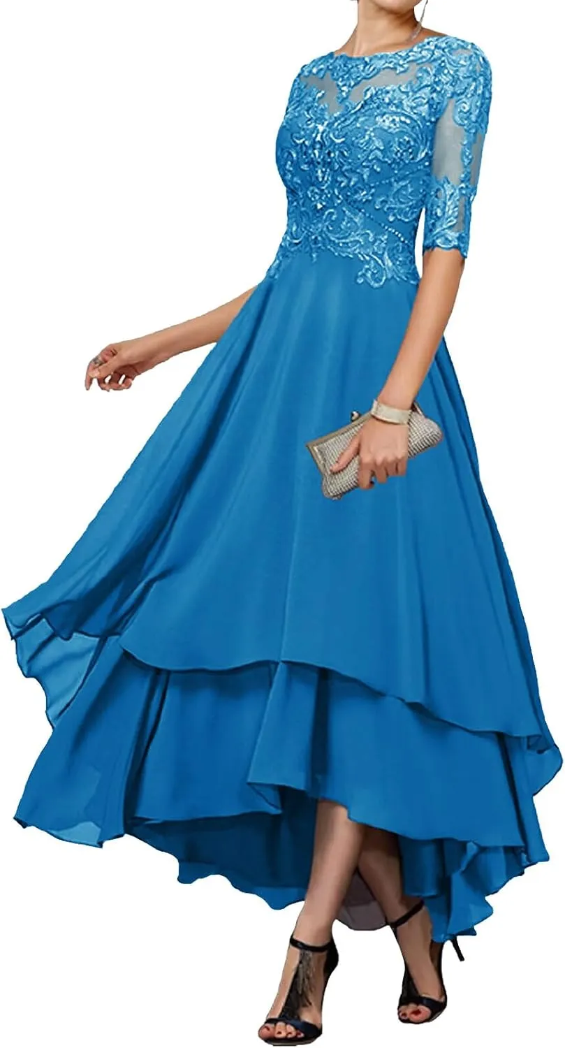 Tea Length Mother of The Bride Dresses - Lace Appliques Chiffon Half Sleeve Formal Evening Gown