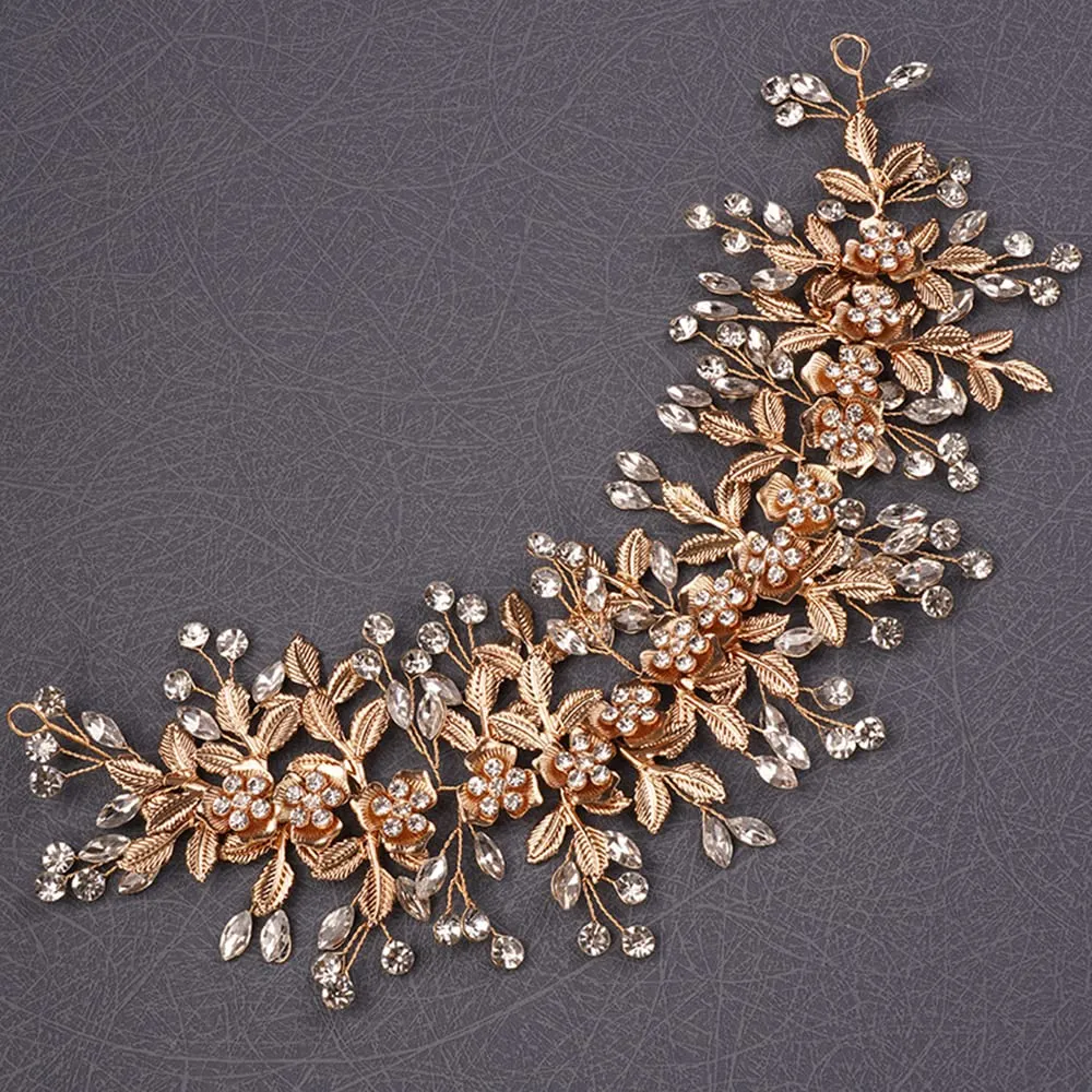 Teyglen Flower Leaf Crystal Handmade Hair Vine Large Rhinestones Headpiece Wedding Hair Accessories for Brides and Women (Gold)