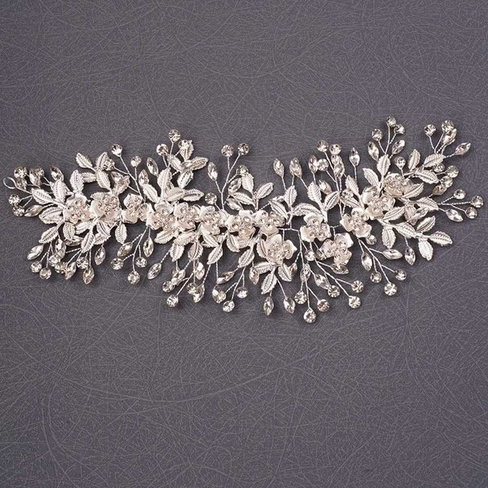Teyglen Flower Leaf Crystal Headband Hair Vine Large Bridal Rhinestones Headband Handmade Leaves Bridal Hair pieces Wedding Hair Accessories for Brides Headpieces for Women Girl (Silver)