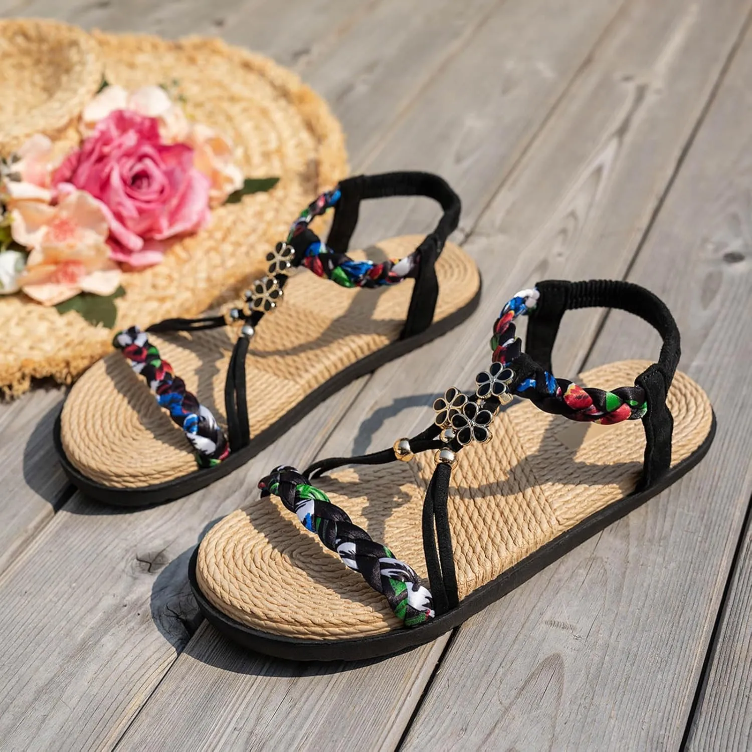 Thick Soled Hollow Women's Shoes Flat Soled Woven Fashionable Casual Rhinestone Outer Wear Sandals Flat Foot Sandals