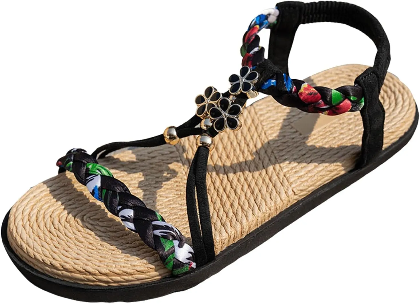 Thick Soled Hollow Women's Shoes Flat Soled Woven Fashionable Casual Rhinestone Outer Wear Sandals Flat Foot Sandals
