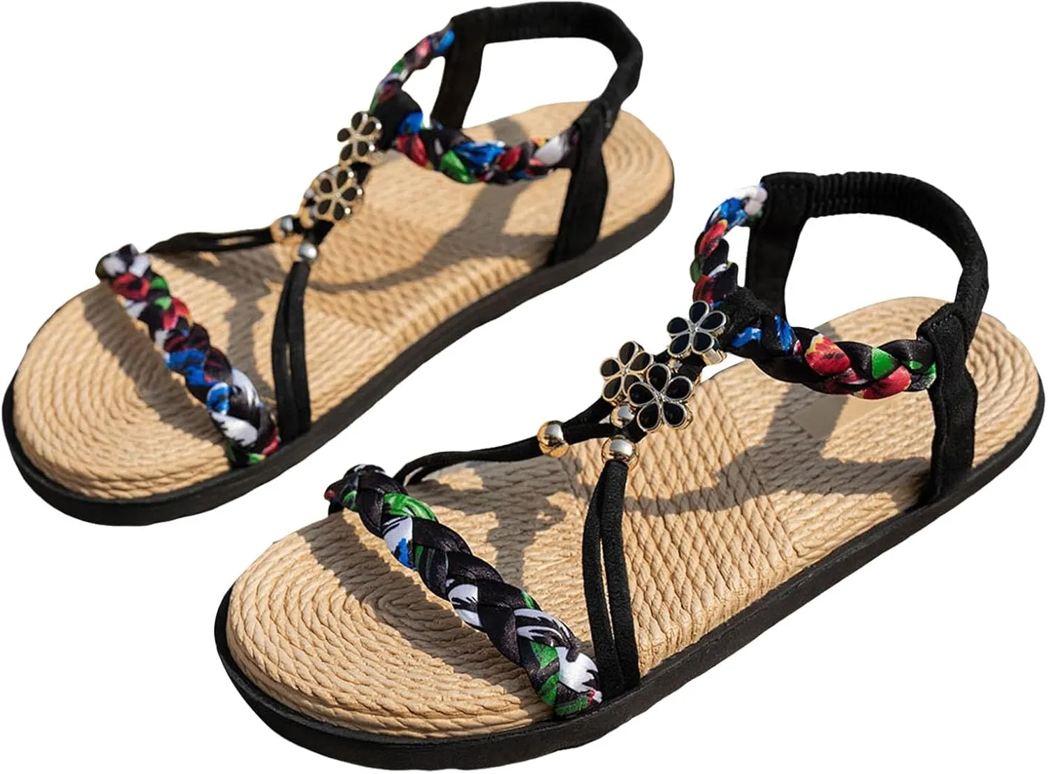 Thick Soled Hollow Women's Shoes Flat Soled Woven Fashionable Casual Rhinestone Outer Wear Sandals Flat Foot Sandals
