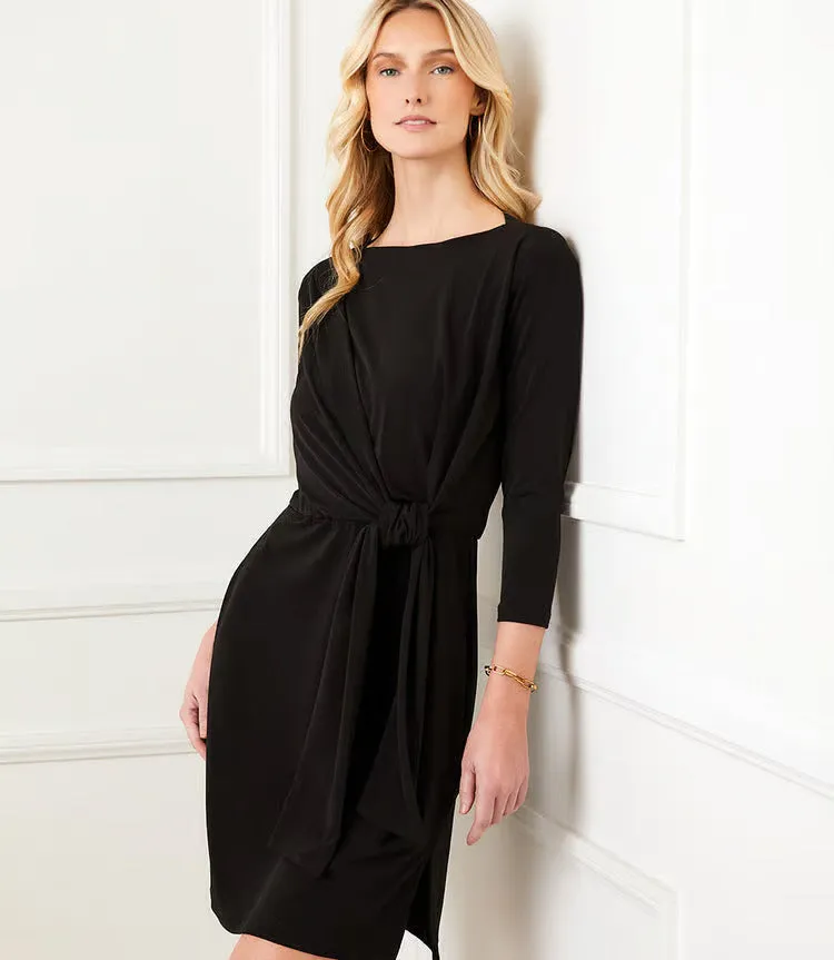 Tiara Three Quarter Sleeve Tie Waist Travel Dress in Black- Karen Kane 2L51500