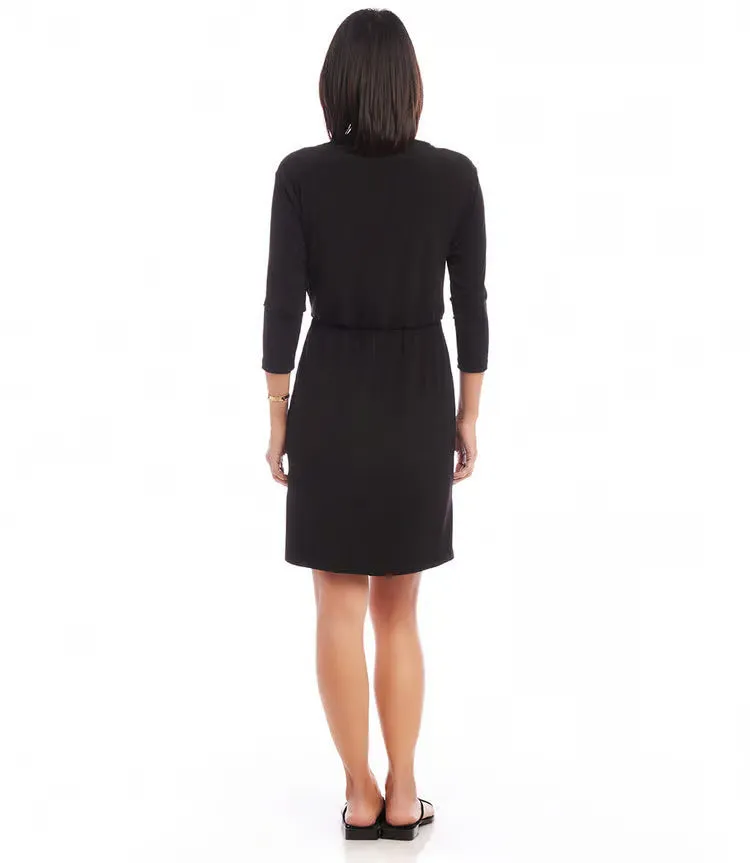 Tiara Three Quarter Sleeve Tie Waist Travel Dress in Black- Karen Kane 2L51500