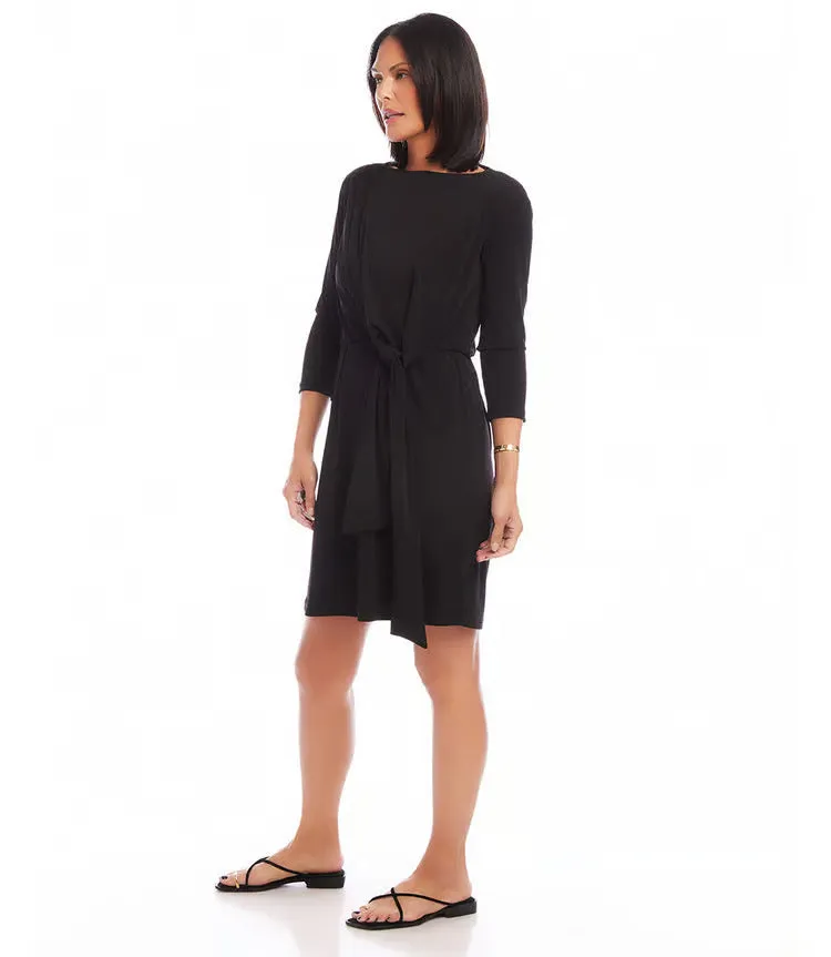 Tiara Three Quarter Sleeve Tie Waist Travel Dress in Black- Karen Kane 2L51500