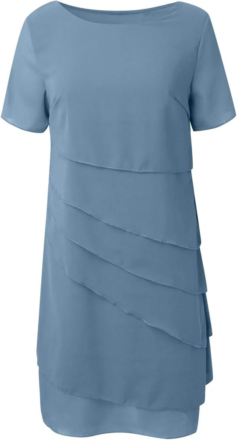 Tiered Chiffon Pleated A Line Flowy Mini Dress Womens Casual Solid Color Prom Long Dresses Cocktail Party Evening Dresses