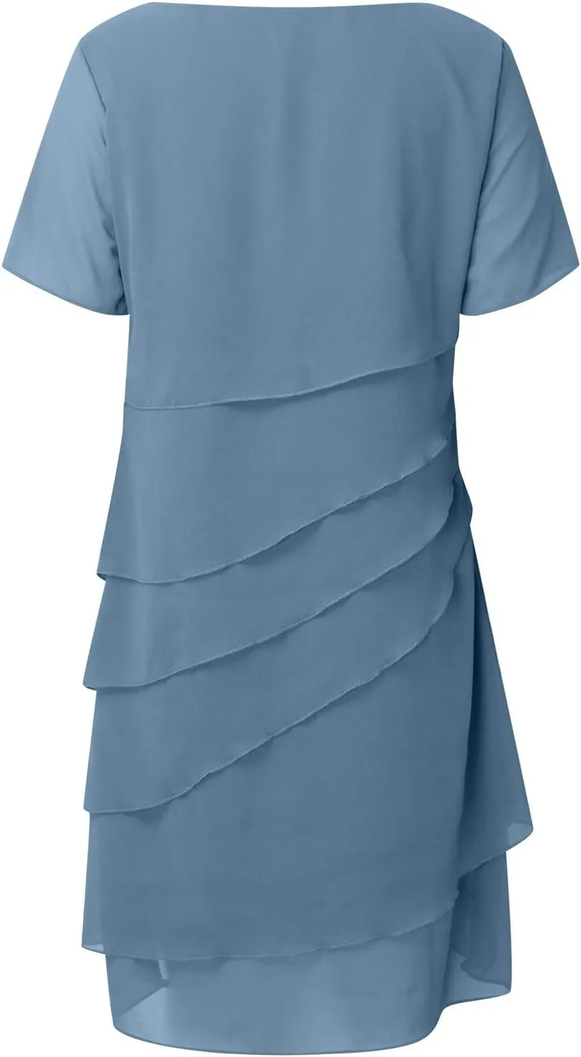 Tiered Chiffon Pleated A Line Flowy Mini Dress Womens Casual Solid Color Prom Long Dresses Cocktail Party Evening Dresses