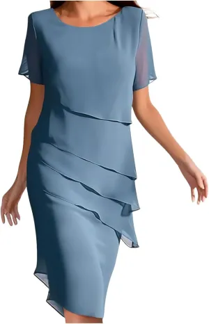 Tiered Chiffon Pleated A Line Flowy Mini Dress Womens Casual Solid Color Prom Long Dresses Cocktail Party Evening Dresses