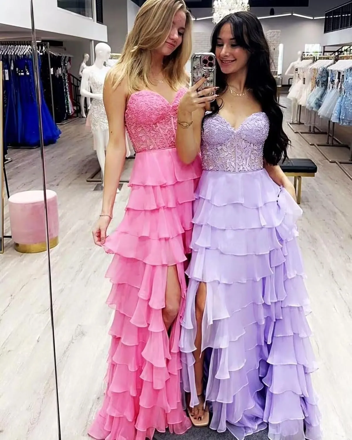 Tiered Chiffon Prom Dress for Teens Sweetheart Prom Dresses for Women Strapless Formal Evening Gowns with Slit