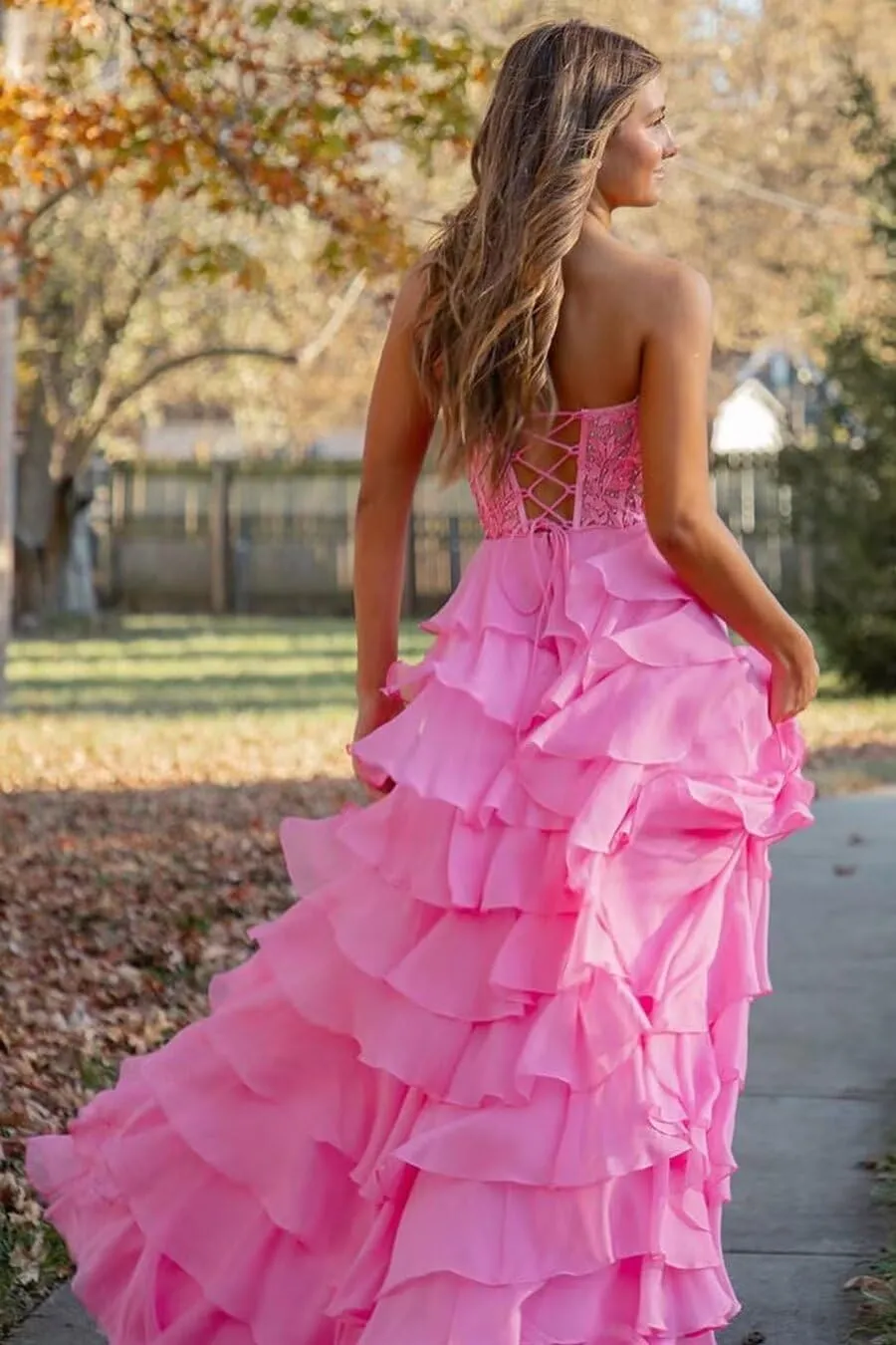 Tiered Chiffon Prom Dress for Teens Sweetheart Prom Dresses for Women Strapless Formal Evening Gowns with Slit