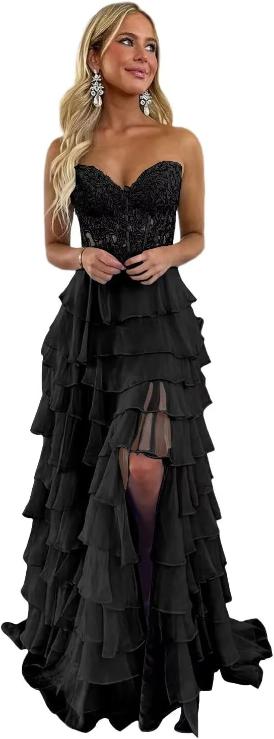 Tiered Chiffon Prom Dress for Teens Sweetheart Prom Dresses for Women Strapless Formal Evening Gowns with Slit