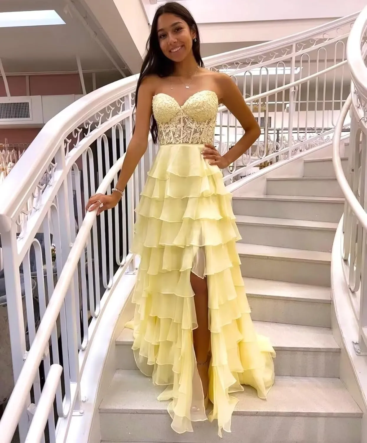 Tiered Chiffon Prom Dress for Teens Sweetheart Prom Dresses for Women Strapless Formal Evening Gowns with Slit