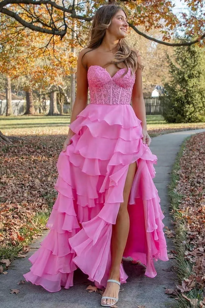 Tiered Chiffon Prom Dress for Teens Sweetheart Prom Dresses for Women Strapless Formal Evening Gowns with Slit
