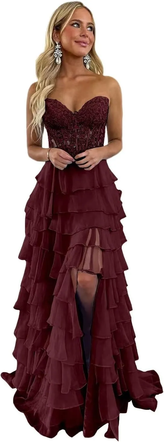 Tiered Chiffon Prom Dress for Teens Sweetheart Prom Dresses for Women Strapless Formal Evening Gowns with Slit