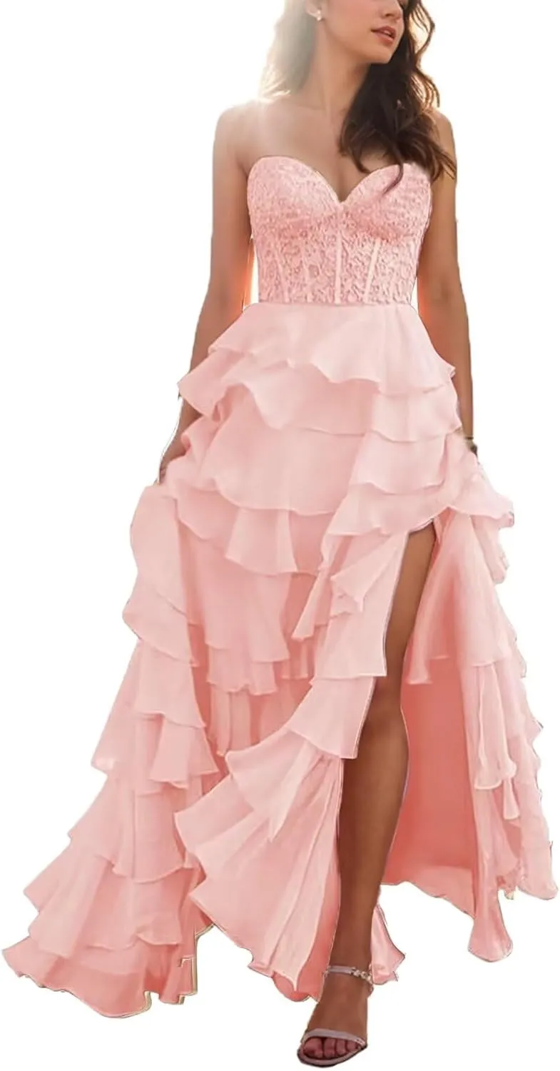 Tiered Laces Prom Dresses for Teens 2025 Long Ruffle Strapless Chiffon Formal Evening Gowns with Slit