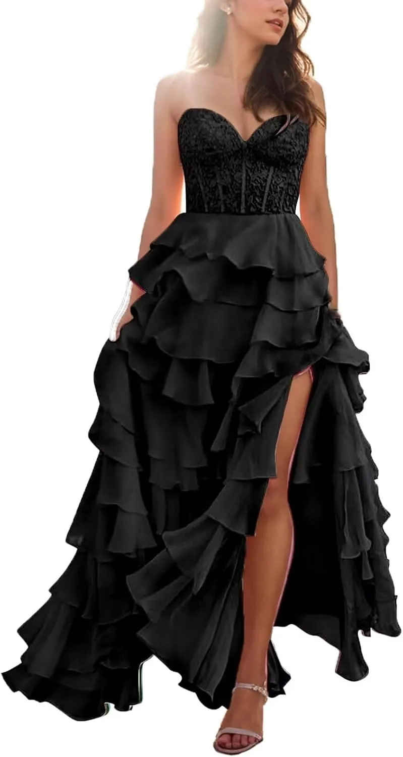 Tiered Laces Prom Dresses for Teens 2025 Long Ruffle Strapless Chiffon Formal Evening Gowns with Slit