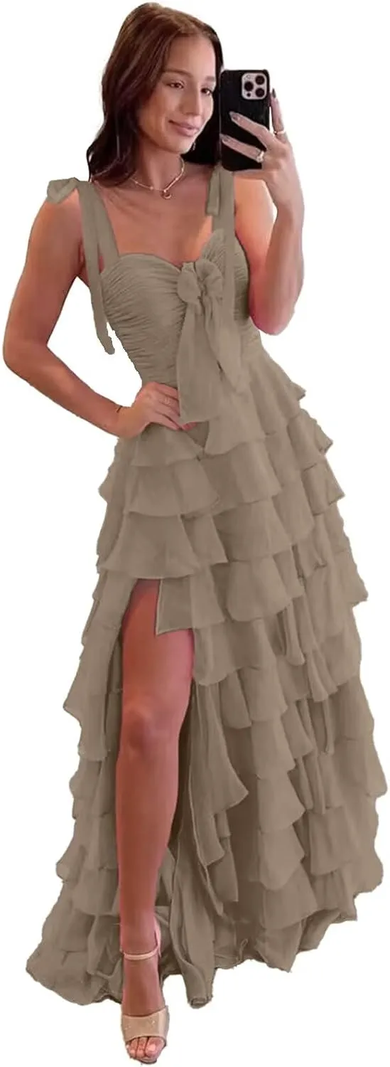 Tiered Spaghetti Strap Chiffon Prom Dress for Teens Sweetheart Prom Dresses for Women Bow Formal Evening Gowns with Split