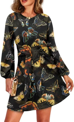 TODIYADDU Dress for Women Elegant Long Sleeve Cocktail Party Dress Mini Dresses with Belt Casual T Shirt Dress Midi Dresses