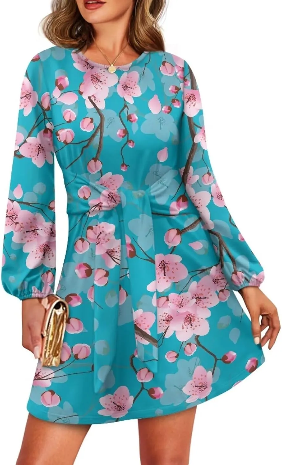 TODIYADDU Dress for Women Elegant Long Sleeve Cocktail Party Dress Mini Dresses with Belt Casual T Shirt Dress Midi Dresses