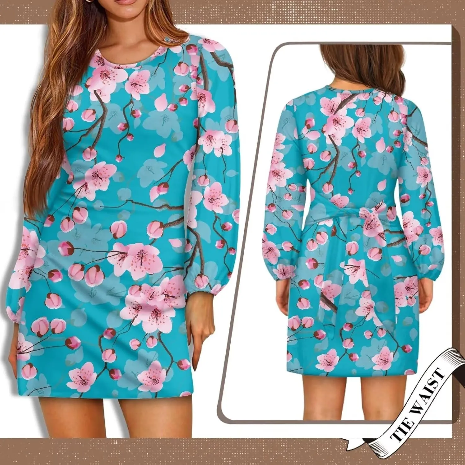 TODIYADDU Dress for Women Elegant Long Sleeve Cocktail Party Dress Mini Dresses with Belt Casual T Shirt Dress Midi Dresses