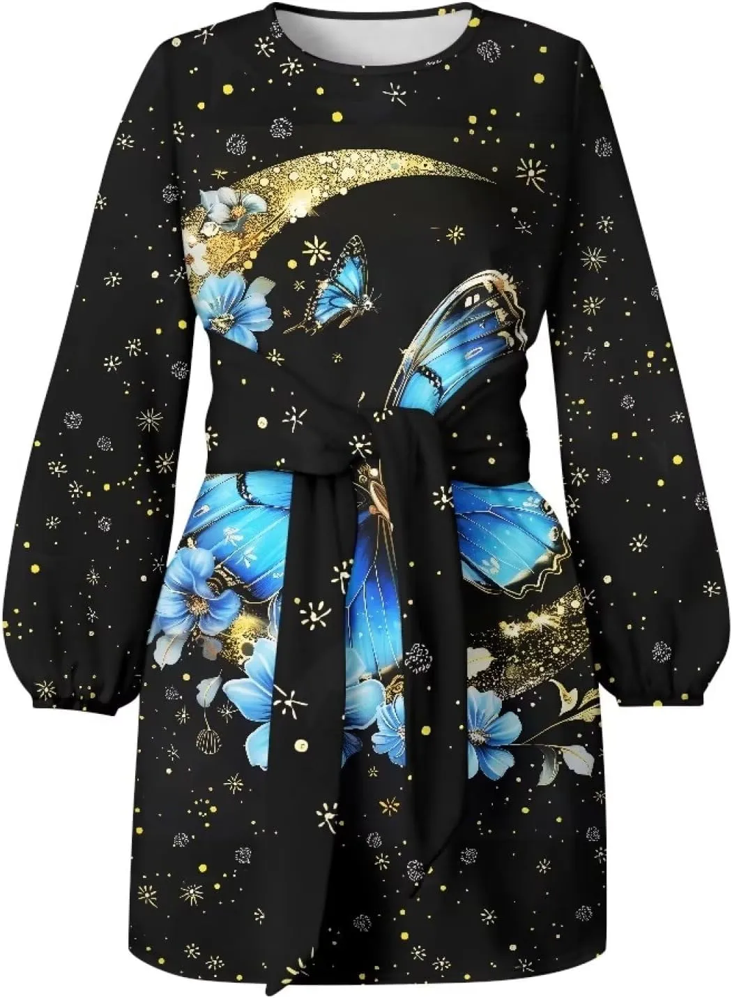 TODIYADDU Dress for Women Elegant Long Sleeve Cocktail Party Dress Mini Dresses with Belt Casual T Shirt Dress Midi Dresses