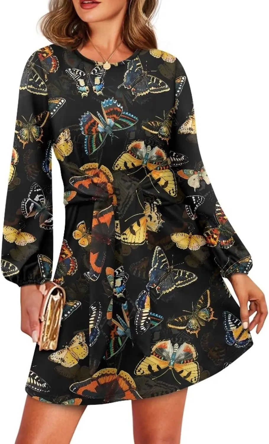 TODIYADDU Dress for Women Elegant Long Sleeve Cocktail Party Dress Mini Dresses with Belt Casual T Shirt Dress Midi Dresses