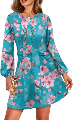 TODIYADDU Dress for Women Elegant Long Sleeve Cocktail Party Dress Mini Dresses with Belt Casual T Shirt Dress Midi Dresses