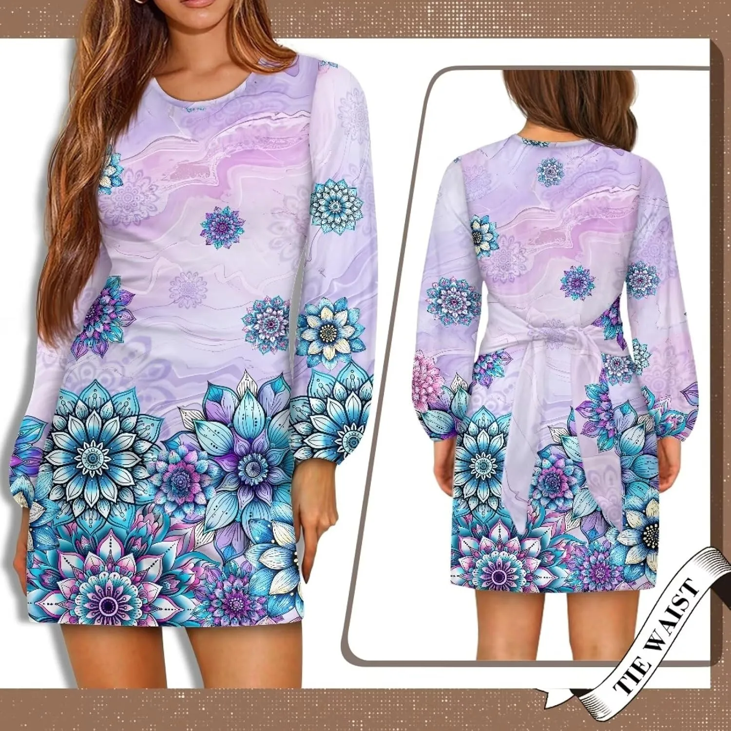 TODIYADDU Dress for Women Elegant Long Sleeve Cocktail Party Dress Mini Dresses with Belt Casual T Shirt Dress Midi Dresses